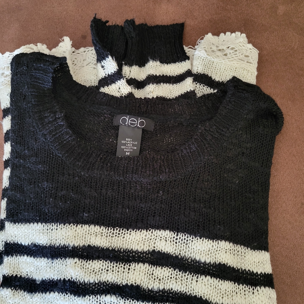 Deb Women's Striped Black and Cream Cowl Neck Top